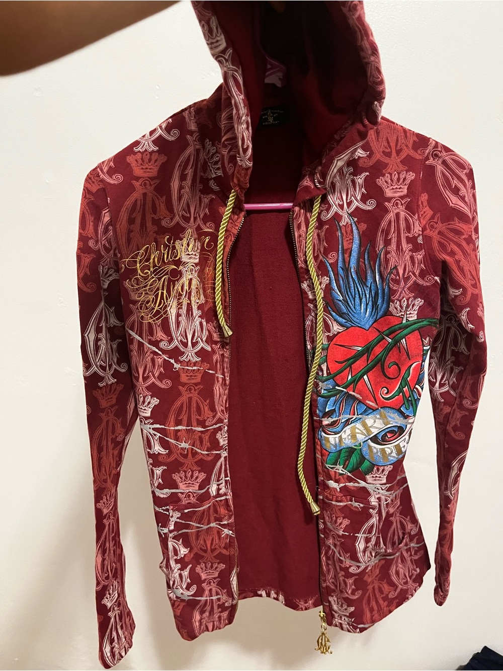 Christian Audigier Maroon Graphic Zip Hoodie with Embroidered Heart and Feather